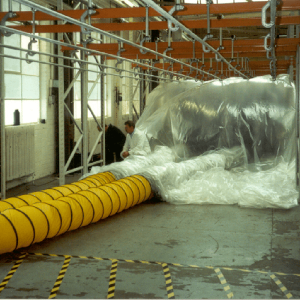A heat treatment in process in a large warehouse.