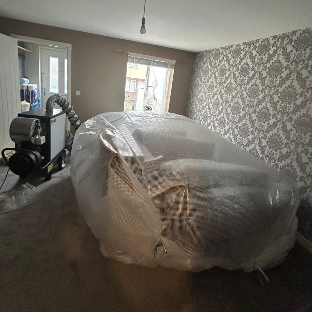 a sofa being heat treated for bed bugs